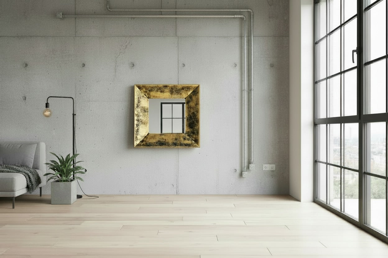 Specchio da Parete con Cornice in Foglia d'Oro – Stile Industrial Chic