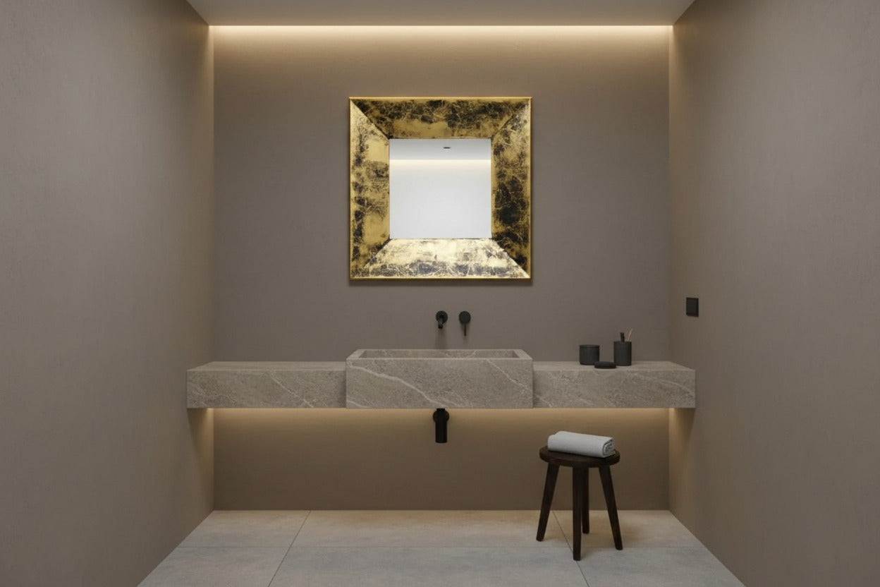 Specchio da Parete con Cornice in Foglia d'Oro – Stile Industrial Chic