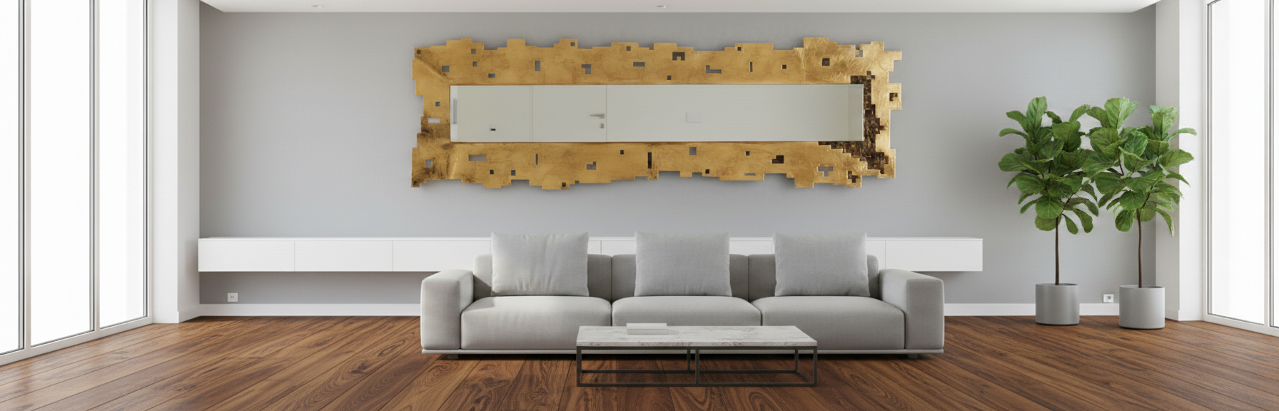 Specchio Rettangolare Artigianale con Mosaico di Vetro 240x72 cm – Foglia Oro, Argento o Rame