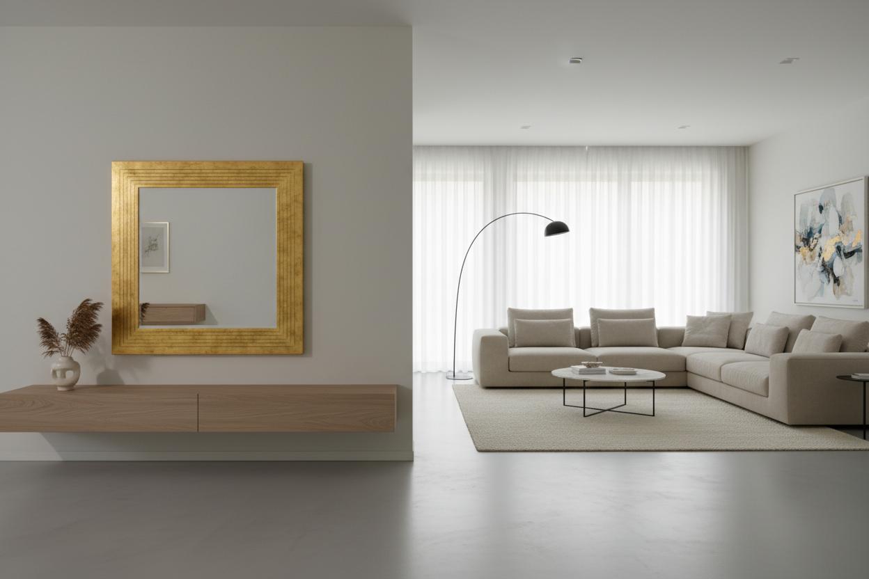 Specchiera Quadrata con Cornice Scanalata in Massello di Legno Foglia Oro o Argento 106x106 cm