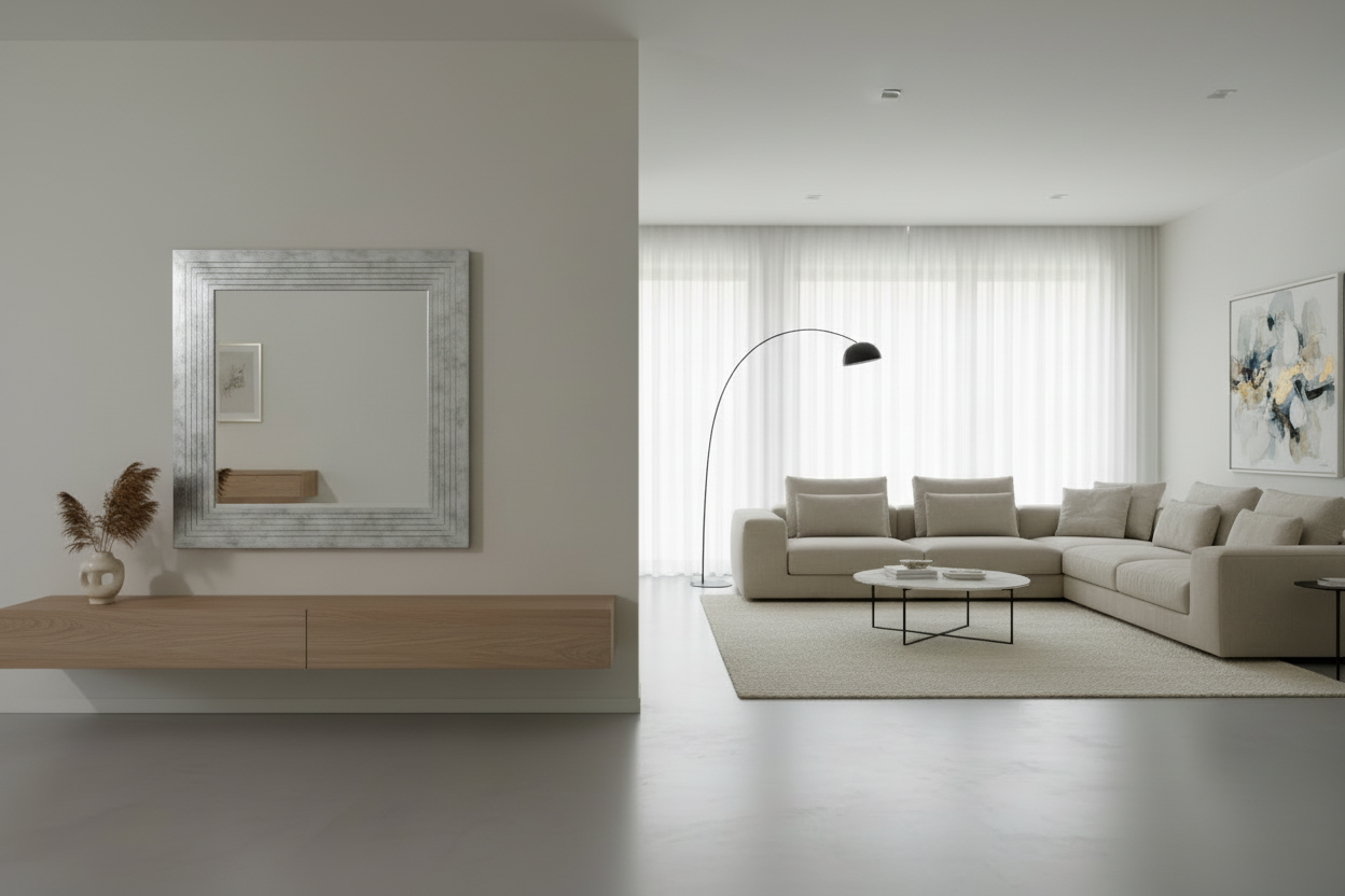 Specchiera Quadrata con Cornice Scanalata in Massello di Legno Foglia Oro o Argento 106x106 cm