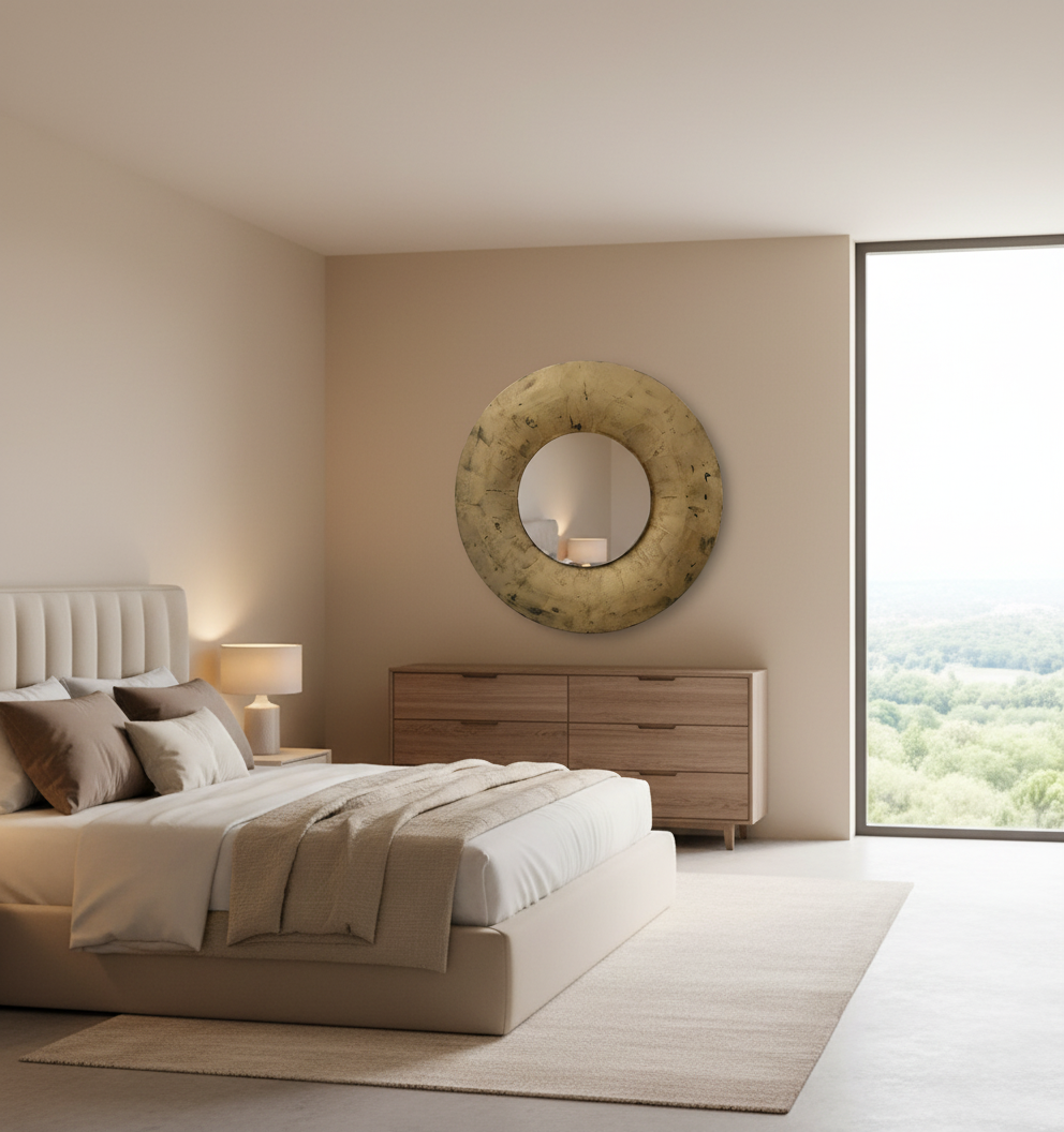 Specchio Rotondo da Parete in Legno e Resina Foglia Oro, Argento o Rame – Ø 100 cm